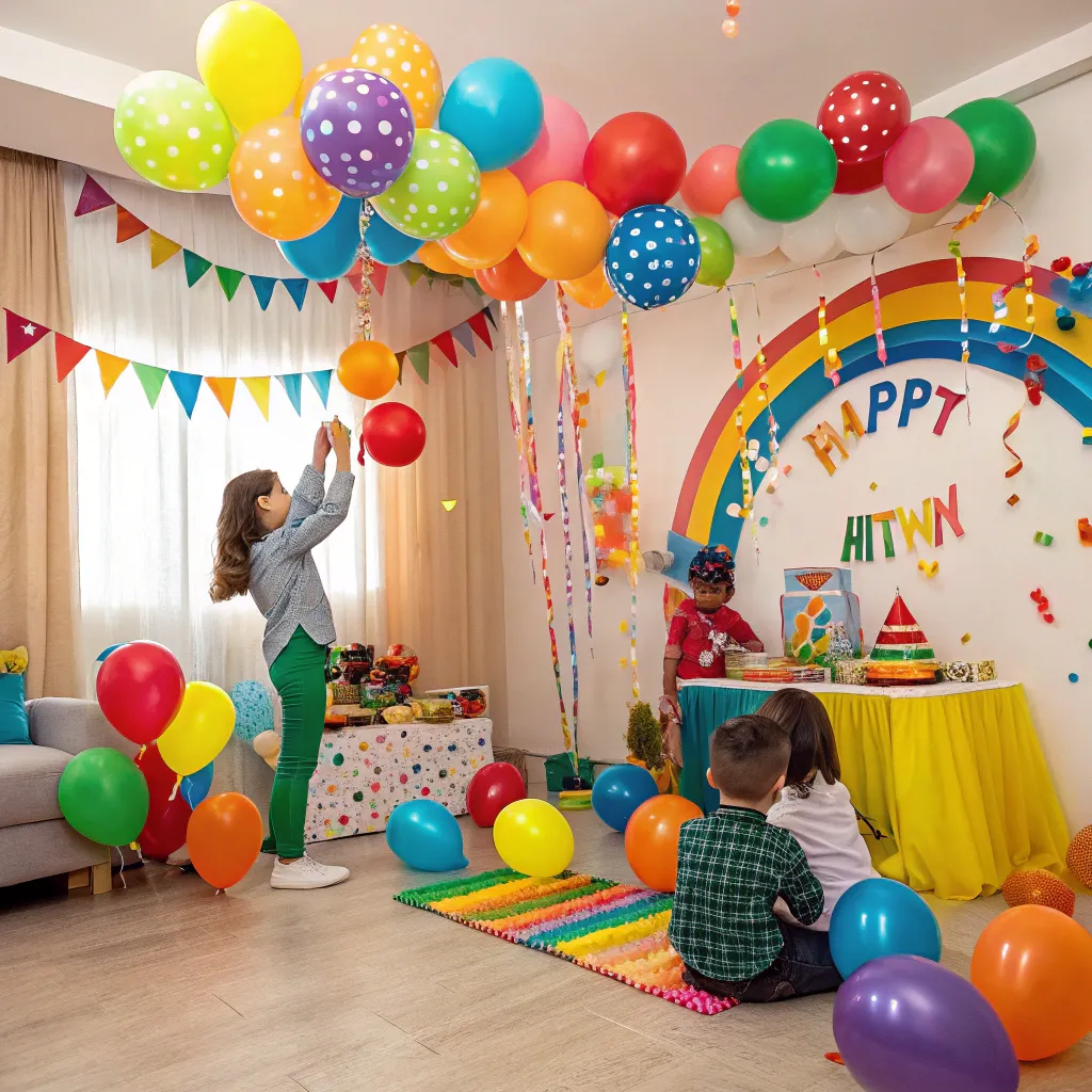 Colorful birthday party scene with balloons and decorations