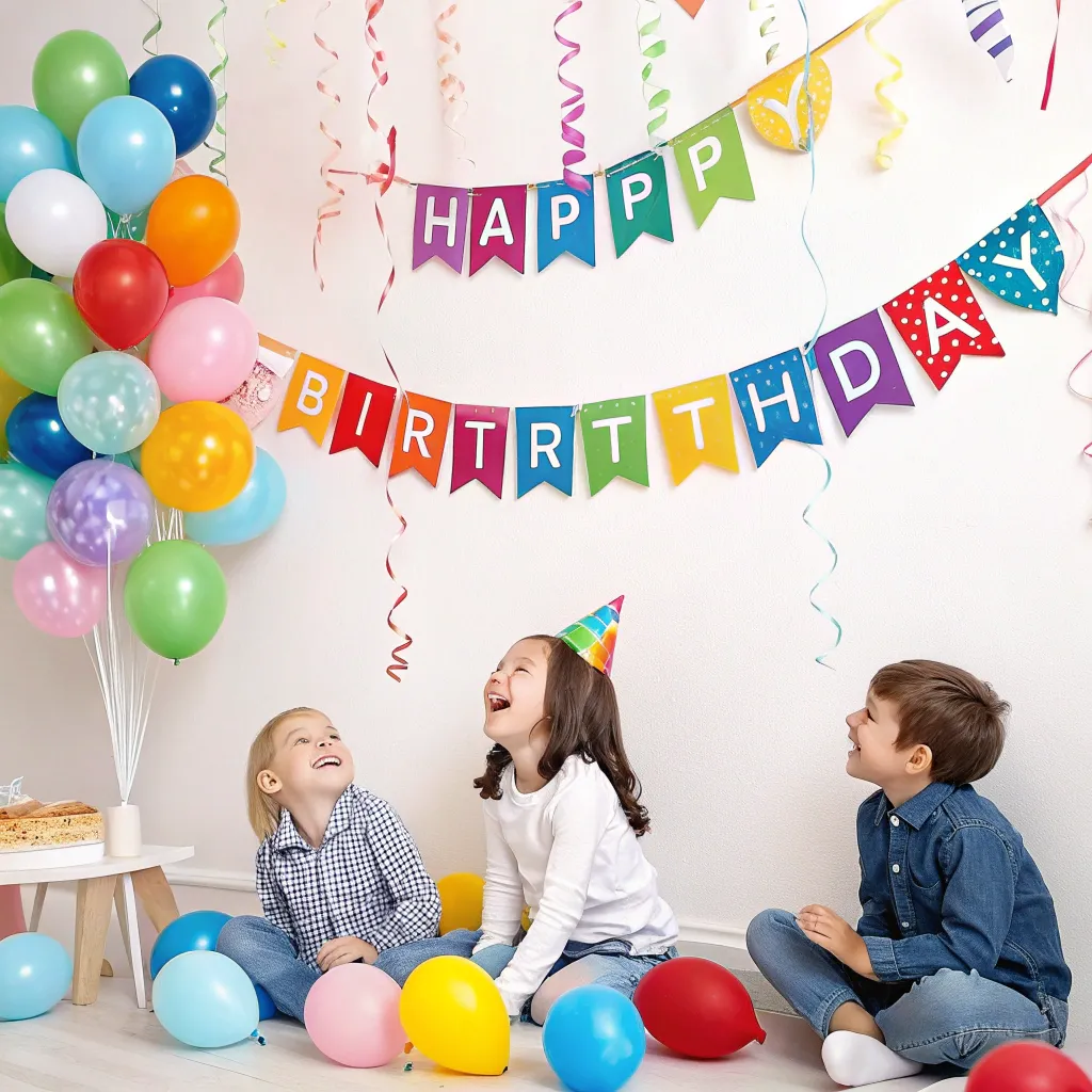 Birthday party decoration with smiling kids