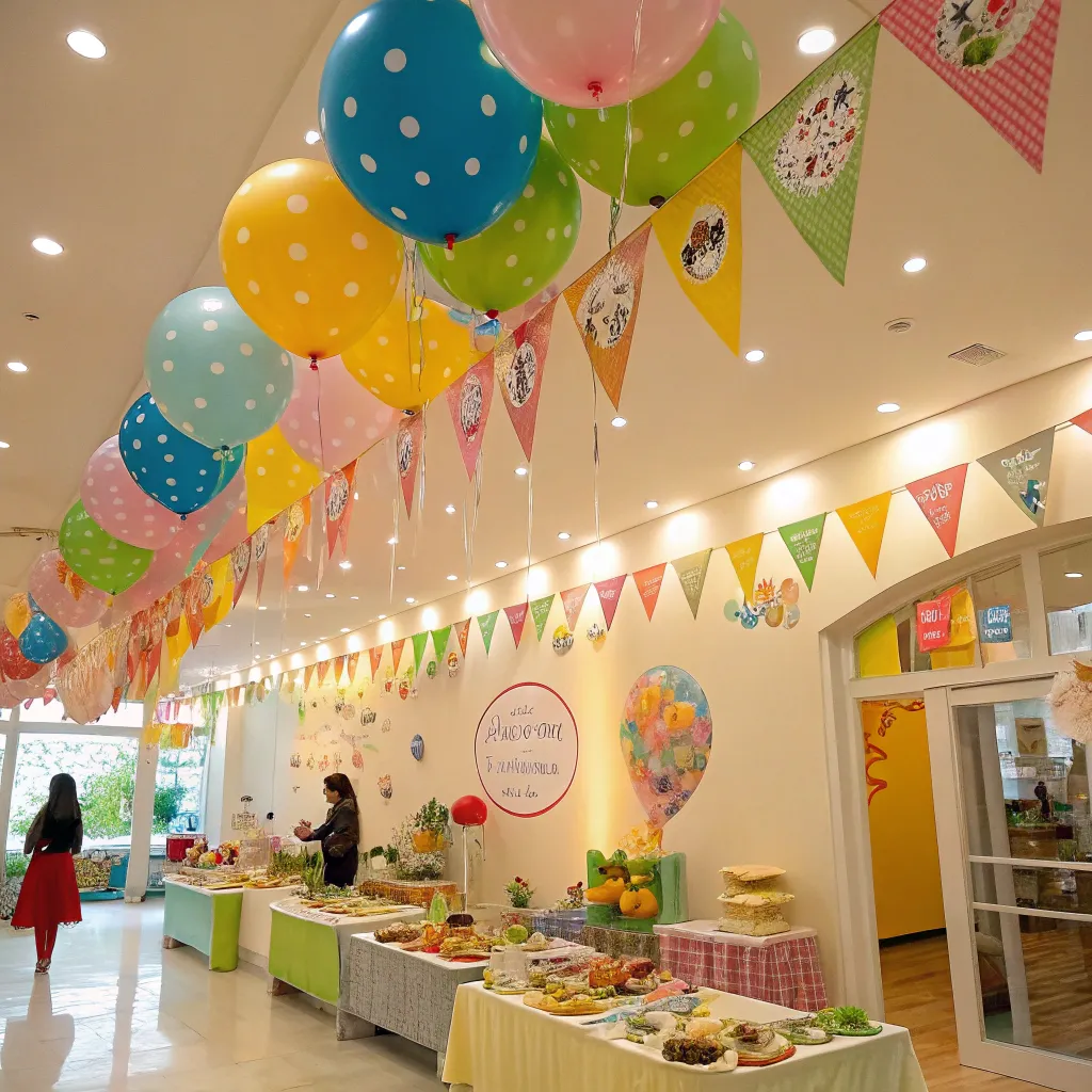 Decorated kids party venue with balloons and banners