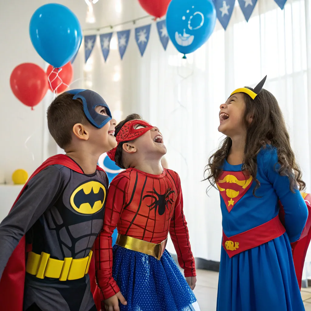 Kids dressed as superheroes having fun at a party