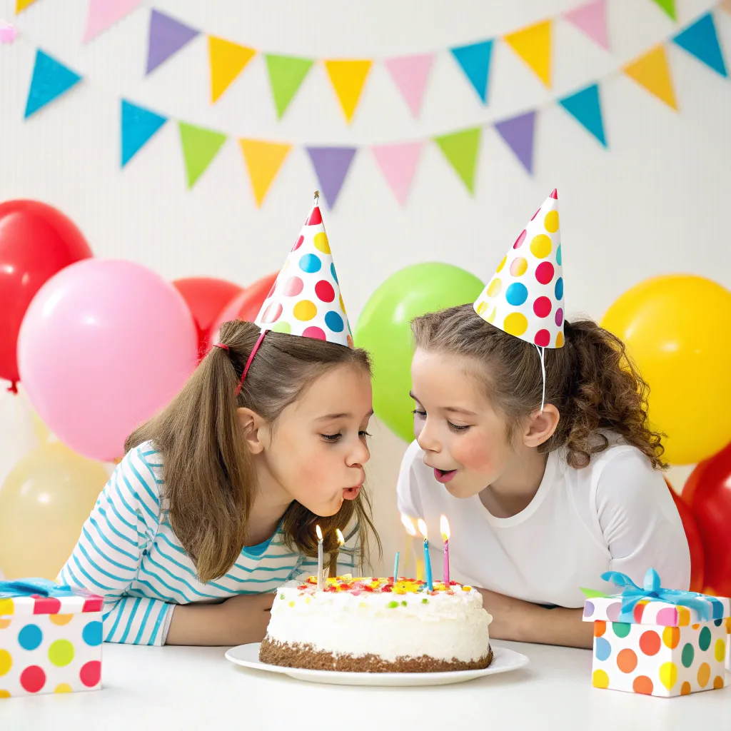 Twins enjoying a birthday celebration with colorful decorations